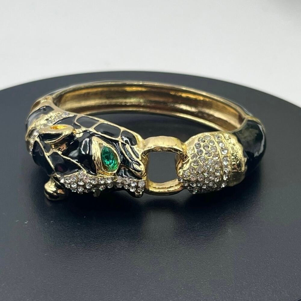 Black Enamel Vintage Panther Door
Knocker Bangle Bracelet Hinged Green‎ Eyes